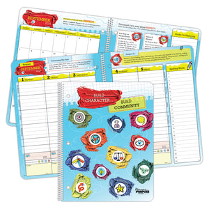 The cover of the Build Character...Build Community planner with icons for monthly themes like Respect and Integrity.