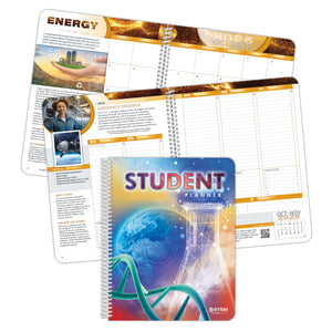 The cover of the High School STEM Planner with images of a DNA helix, globe, and beaker.