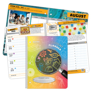 The cover of the Primary STEM planner with a magnifying glass and icons for geology, science, and more.