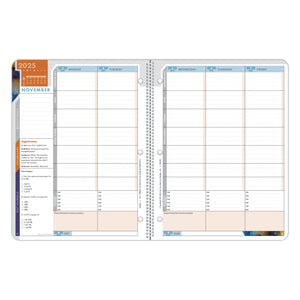 The inside pages of a 2025-2026 planner for grades seven through eight with sections for each school subject.