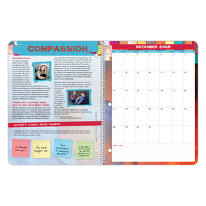 The inside pages of a student planner with the December 2025 calendar and a reading lesson on Compassion.
