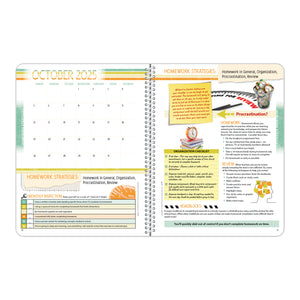 The inside pages of a weekly, dated high school planner with the October 2025 calendar and homework strategies.