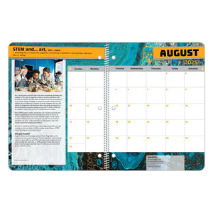 Two inside pages with the calendar for August 2025 and an educational reading section about STEM.
